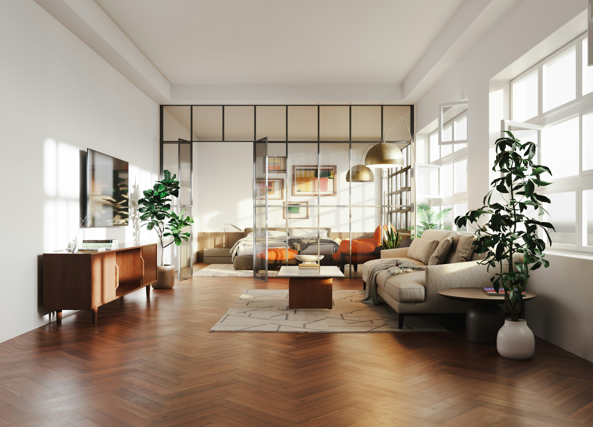 Séjour ouvert, parquet en point de Hongrie et verrière d’atelier